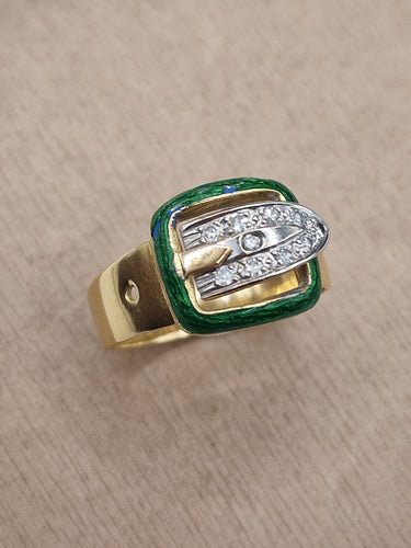 Bague 58 Bague à boucle vintage des années 1960 en or jaune, émail et diamants 58 Facettes