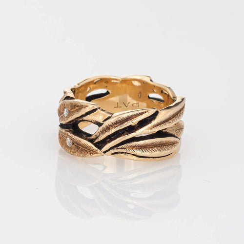 Bague Vintage Diamond Leaves Band Sz 6.75 Ring 9mm 14k Yellow Gold Wide Leaf Jewelry 58 Facettes G12840
