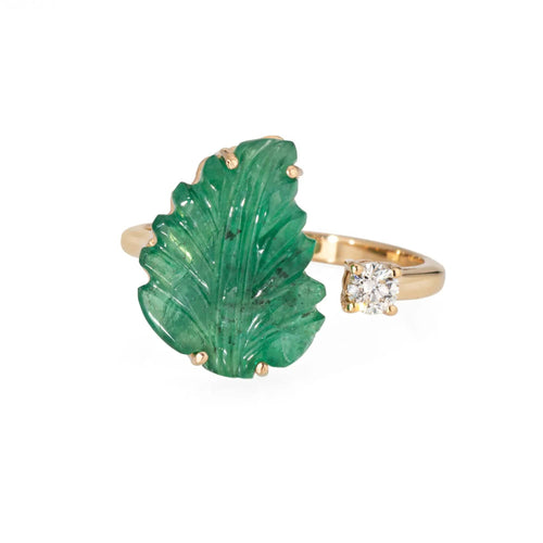 Bague 55 Bague en or jaune avec feuille d'émeraude sculptée 58 Facettes G13658