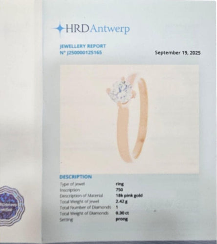 Bague 51 Bague solitaire avec diamant certifié HRD de 0,30 ct en or rose 58 Facettes E30