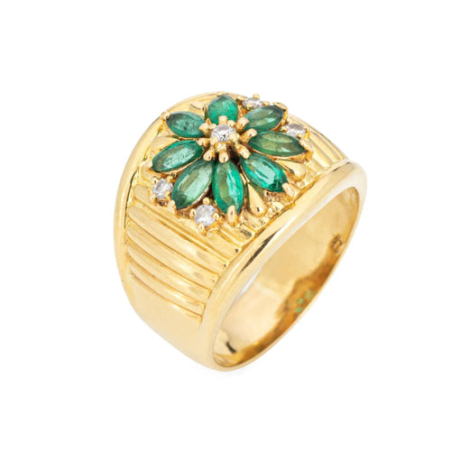 Bague Emerald Diamond Cigar Ring Vintage 18k Yellow Gold Sz 9 Band Flower Jewelry 58 Facettes G13496