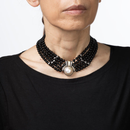 CARTIER - Vintage 70s necklace Onyx Choker Sterling Silver and Yellow Gold Mabe Pearl 58 Facettes G14110