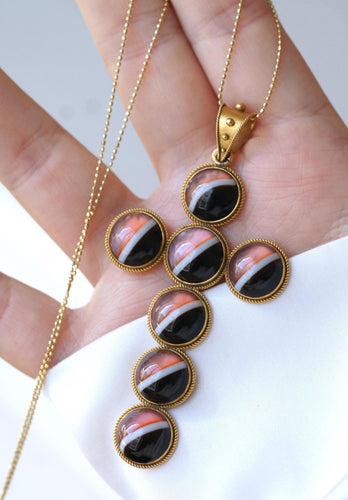 Pendentif Pendentif Croix Cabochon d'Agate sur Or jaune 58 Facettes