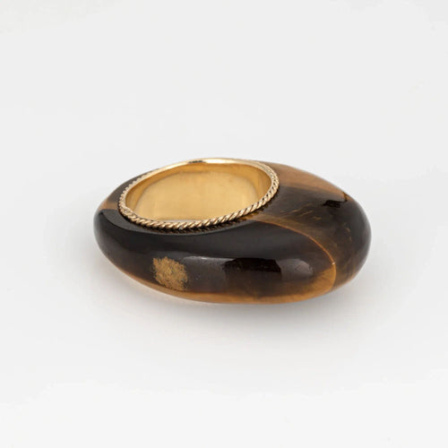 Bague Bague dôme œil de tigre vintage des années 70, or jaune 14 carats, taille 5, bijoux fins Estate 58 Facettes G13584