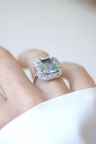 Bague 58 Bague Art Déco Octogonale Aigue-Marine 4,90 Cts et Diamants 58 Facettes