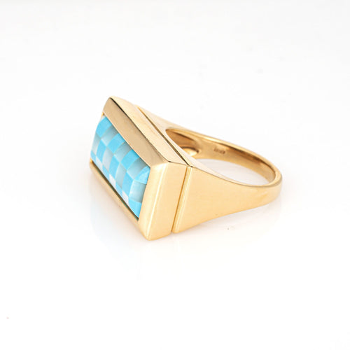 Bague 54 Bague damier en or jaune incrustée de turquoise 58 Facettes G13964