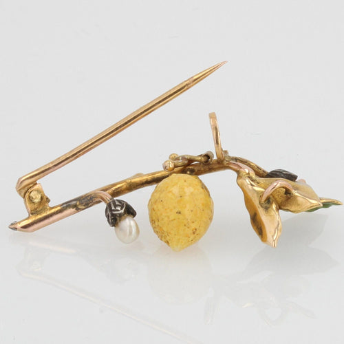Broche Broche branche de citronnier émail et perles fines 58 Facettes 20-583