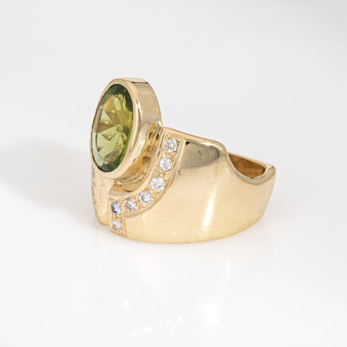 Bague 52 Bague cigare en or jaune 14 carats avec péridot et diamants, taille 7,5, style vintage, bijouterie fine 58 Facettes G13923