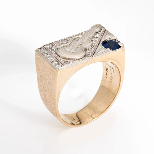 Bague 59 Bague de guitare vintage 2 or des années 70. Diamant, Saphir Chevalière Estate 58 Facettes G13195