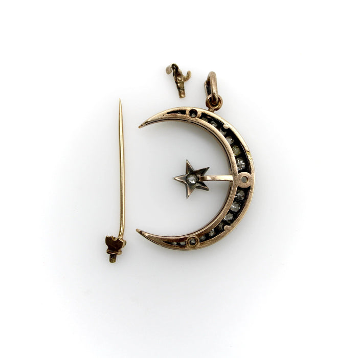 Pendentif Broche pendentif convertible en forme de croissant de lune et d'étoile victorienne en or 58 Facettes