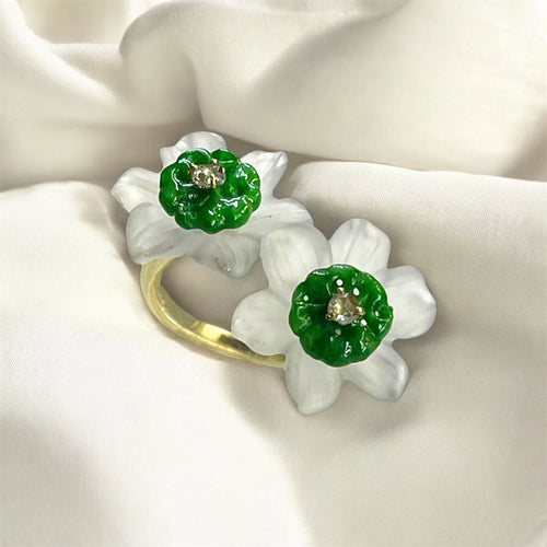 Bague 55 Bague or jaune, Fleur de Cristal de roche sablé, Jade et Diamants 58 Facettes