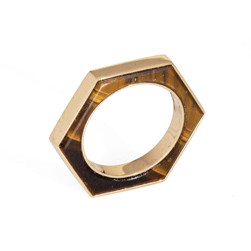 Bague 50 Bague hexagonale incrustée d'œil de tigre en or jaune 18 carats 58 Facettes G13888