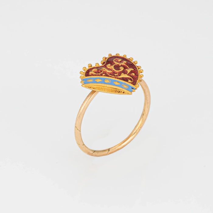 Anillo de conversión antiguo de esmalte de corazón victoriano en oro amarillo