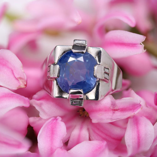 Bague 58 Chevalière Art Déco saphir de Ceylan naturel et diamants baguette 58 Facettes 24-041