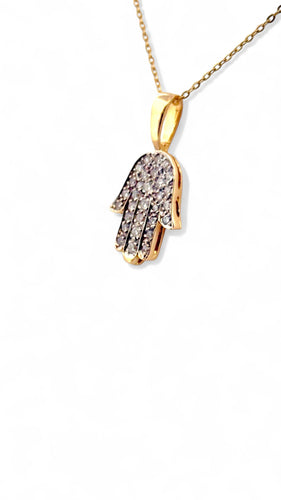 Gouden en diamanten Hand van Fatima ketting en hanger