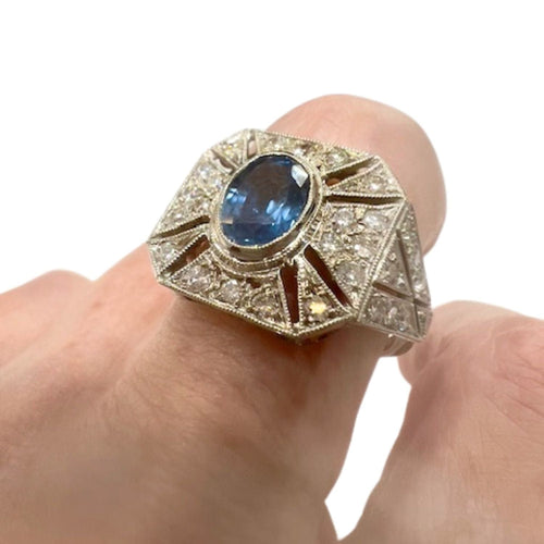 Bague 57 Bague en platine au design Art Déco avec diamants et saphirs 58 Facettes CH39