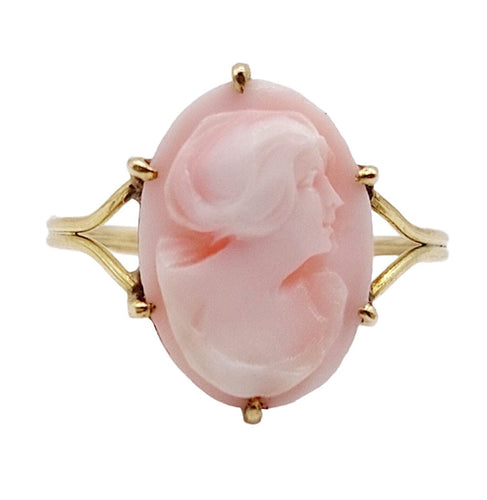 Bague 55 Bague antique or jaune, camée coquille rose à la jeune fille 58 Facettes A05233