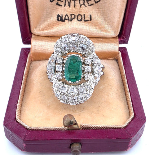 Bague 55 Bague vintage des années 50 avec émeraude 1,40 Ct et diamants taille ancienne 2,50 Ct 58 Facettes