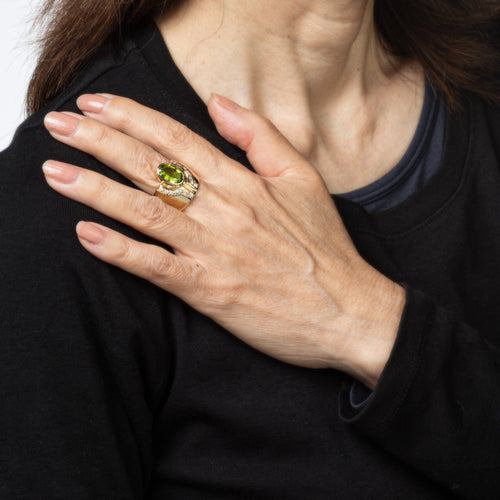 Bague 52 Bague cigare en or jaune 14 carats avec péridot et diamants, taille 7,5, style vintage, bijouterie fine 58 Facettes G13923