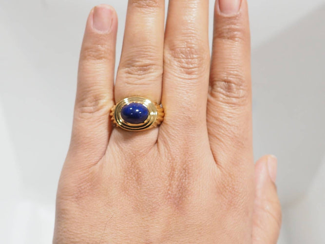 Bague 51.5 Bague godronnée en or jaune et cabochon Lapis Lazuli 58 Facettes 29996