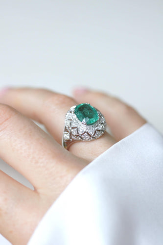 Bague 50 Bague Dôme Style Art Déco Émeraude et Diamants 58 Facettes