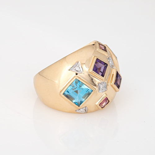 Bague Bague mosaïque en pierres précieuses vintage, dôme, taille 8, or jaune 14 carats, bijoux fins 58 Facettes G13906