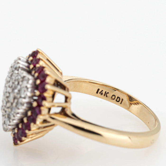 Vintage Pave Diamond Ruby Heart Ring 14k Oro Amarillo Sz 5 Cóctel Joyería Fina