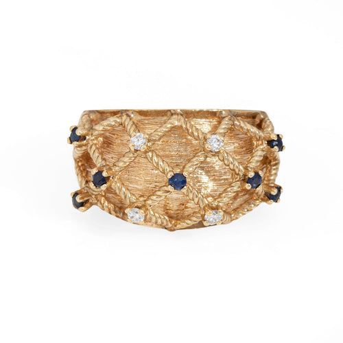 Bague Bague vintage en or 14 carats, sertie de saphirs et de diamants, motif panier tressé, taille 7. Bijou à anneau bombé. 58 Facettes G13928