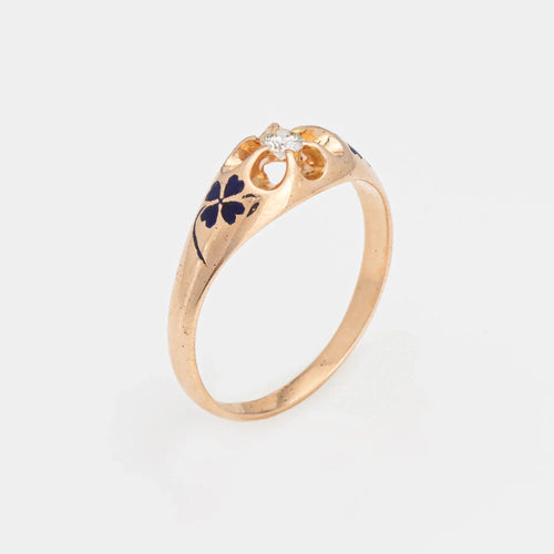 Bague Bague en diamant victorienne des années 1880 avec trèfle à quatre feuilles en émail or rose 14 carats Taille 7 Antique 58 Facettes G13424