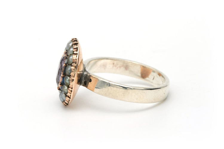 Bague 50 Bague Napoléon III en or jaune et argent sertie d'une tourmaline et de perles 58 Facettes B562