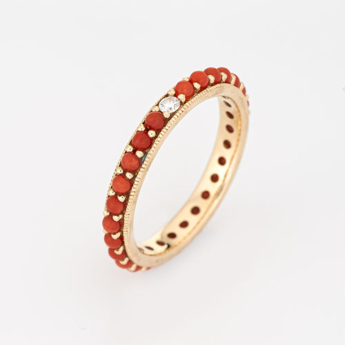 Bague Bague d'éternité en or jaune 14 carats, corail rouge méditerranéen et diamants, taille 6, bijoux fins 58 Facettes G11707