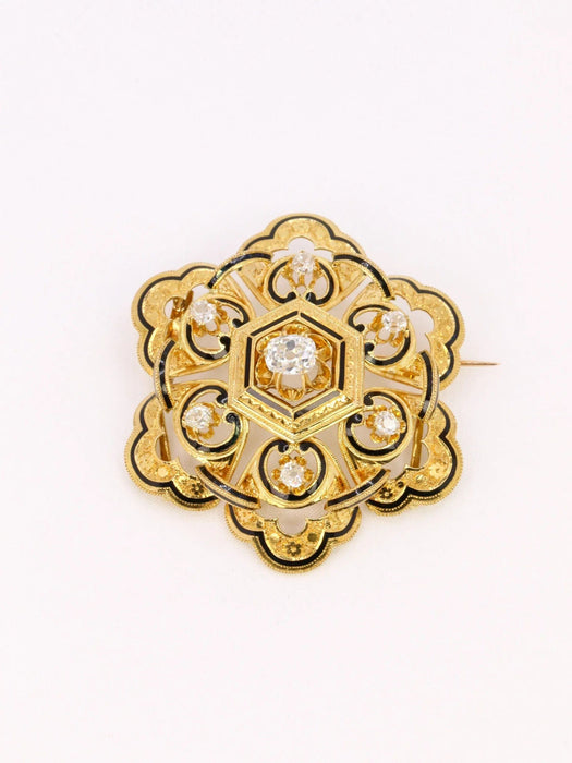 Broche Broche ancienne or jaune email noir diamant taille ancienne 58 Facettes J611