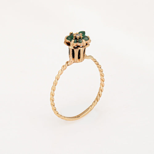 Tulipanring i gult guld, smaragd og diamant 