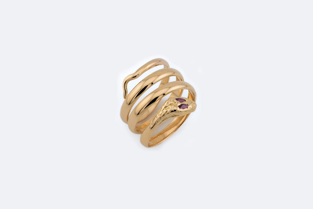 Snake ring in yellow gold and ruby