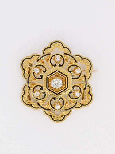 Broche Broche ancienne or jaune email noir diamant taille ancienne 58 Facettes J611
