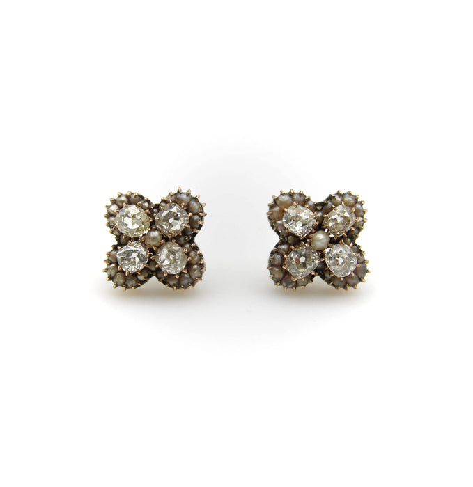 Boucles d'oreilles Boucles d'oreilles quadrilobe en or, diamants et perles taille ancienne mine 58 Facettes