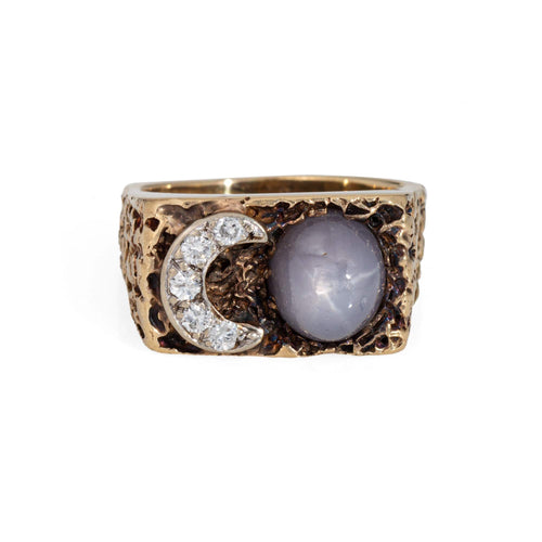 Bague 59 Bague vintage en or jaune 14 carats avec diamants, croissant de lune, étoile et saphir 58 Facettes G13899