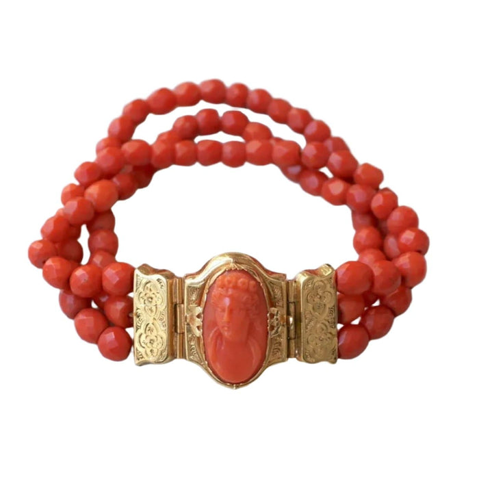 Antique yellow gold and coral bracelet, cameo