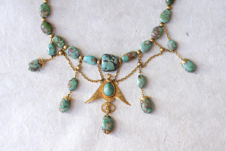 Collier Collier Ancien Néo Egyptien Or Jaune et Turquoises 58 Facettes
