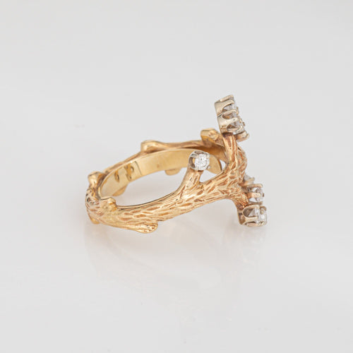 Bague 49 Bague branche d'arbre vintage en or jaune et diamants des années 60 58 Facettes G13972