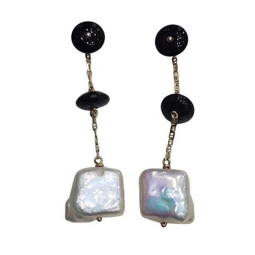 Boucles d'oreilles Pendientes démontables en or jaune 18k, perles et onyx 58 Facettes T224