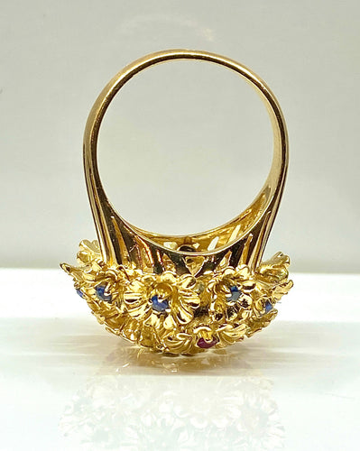 Anello - Anello multifiori in oro giallo e zaffiri, rubini, diamanti 
