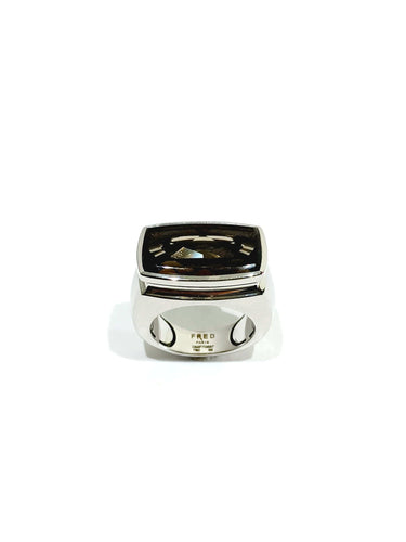 Bague 56 FRED – Bague or blanc et quartz fumé 58 Facettes
