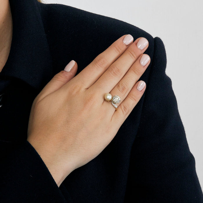 Toi et Moi ring in yellow and gray gold, pearl and diamonds