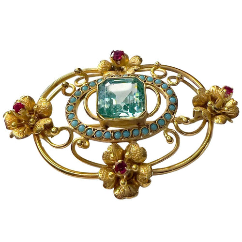 Broche BROCHE DU DÉBUT DU XXE SIÈCLE, ÉPOQUE 1900-1910, avec TURQUOISE et SPINELLE SYNTHÉTIQUE 58 Facettes Q341B