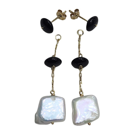 Boucles d'oreilles Pendientes démontables en or jaune 18k, perles et onyx 58 Facettes T224