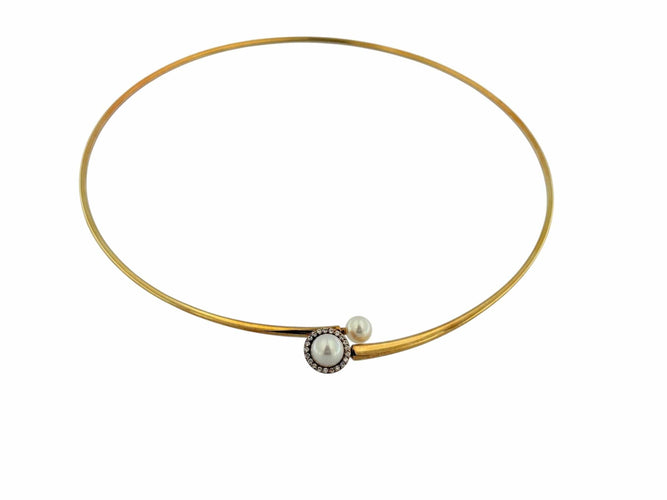 Collier Collier vintage français flexible or jaune, perles et diamants 58 Facettes