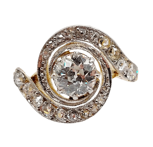 Bague 56 Bague tourbillon or jaune et platine, diamant taille ancienne 0.80 carat (circa 1900) 58 Facettes A06327