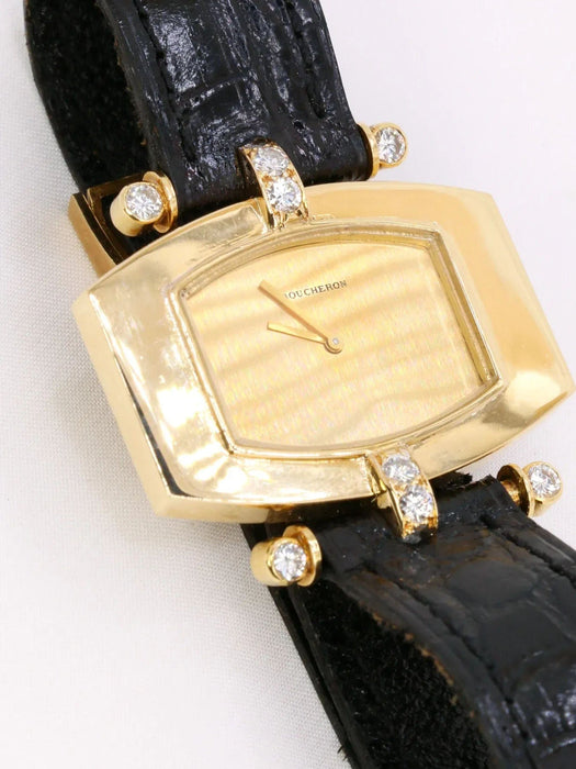 Montre BOUCHERON - Montre or jaune diamants bracelet cuir noir 58 Facettes 1000