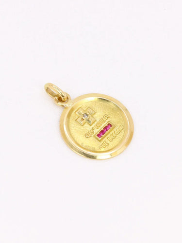 Pendentif Médaille amour AUGIS ronde Plus qu'hier moins que demain or jaune rubis diamant 58 Facettes J635